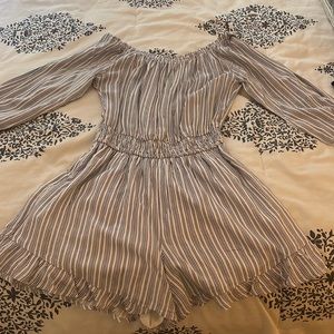 hollister blue and white striped ruffle bottom romper